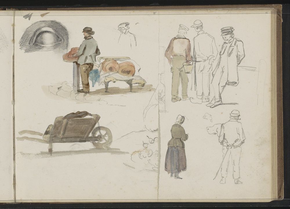 Studieblad met een kar, oog en figuren (1859 - 1864) by Hendrik Valkenburg