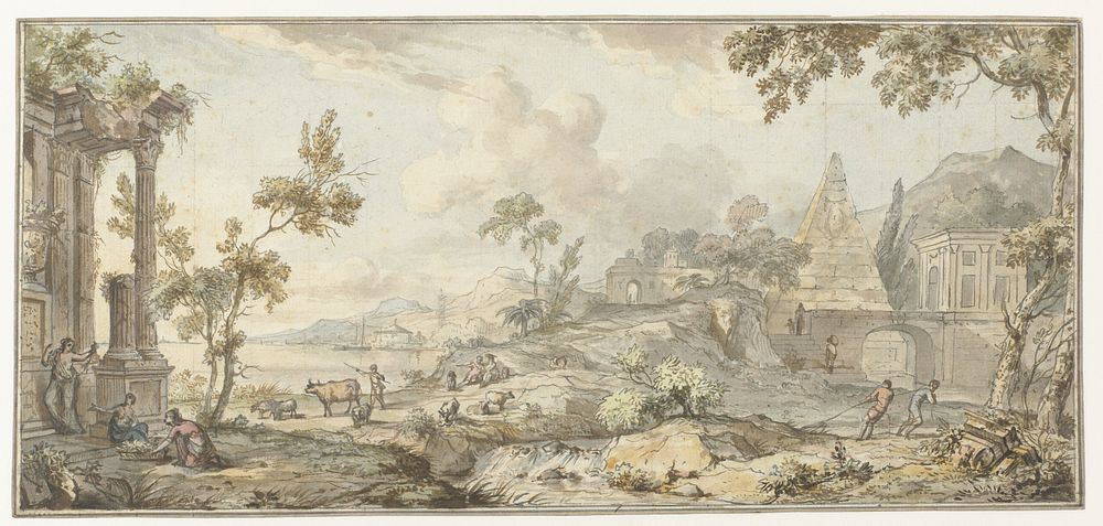 Ontwerp voor een kamerbeschildering met zuidelijk kustlandschap en piramide (1752 - 1819) by Jurriaan Andriessen