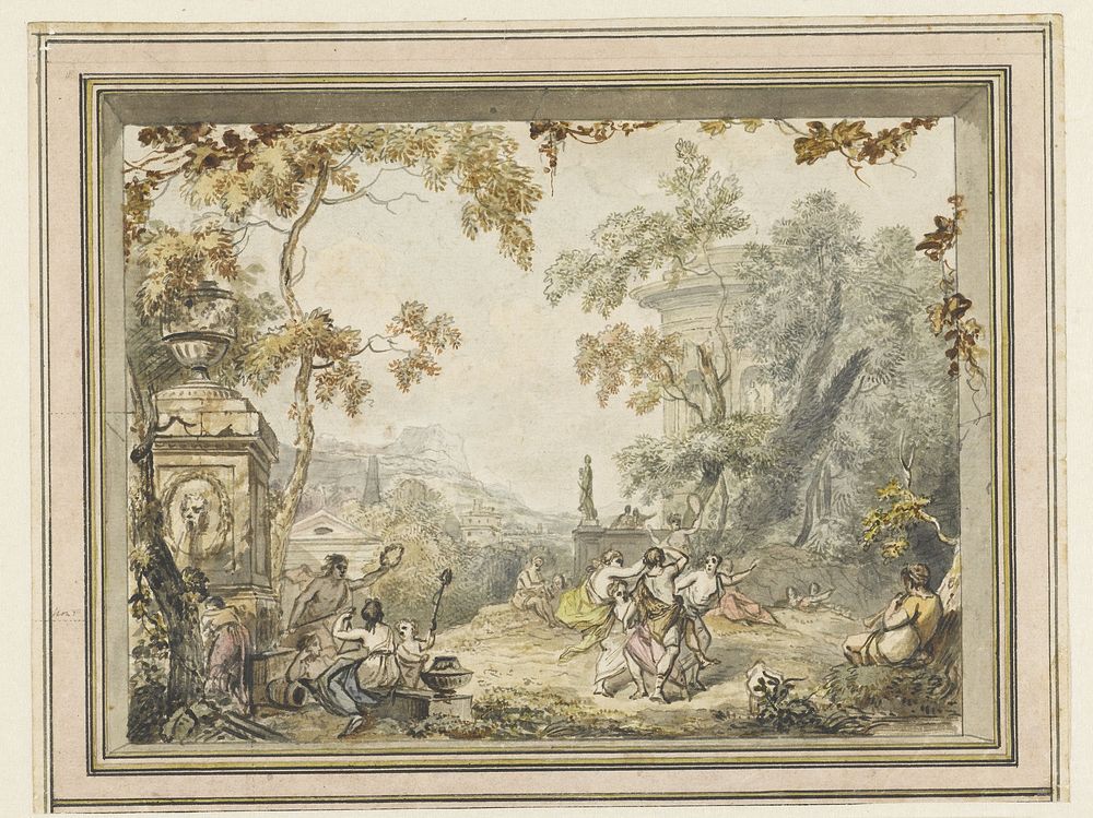 Ontwerp voor een kamerbeschildering: idyllisch-arcadisch landschap met klassieke gebouwen (1752 - 1819) by Jurriaan…