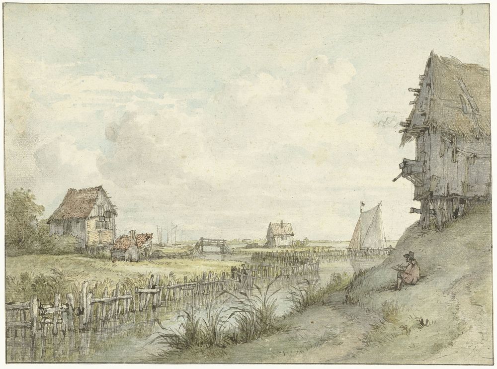 Rivierlandschap met schetsende tekenaar tussen hutjes (1776 - 1822) by Jan Hulswit