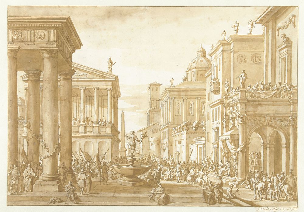 Gezicht op een stadsplein vol mensen, waar een man wordt bekroond (1637 - 1689) by Jacob van der Ulft