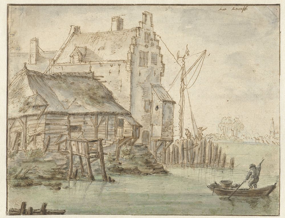 Enige huizen aan een rivier (1600 - 1699) by anonymous