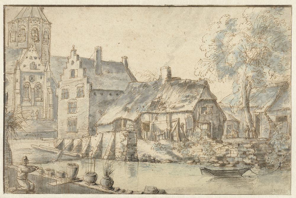 Stadsgezicht met een grote kerk (1600 - 1699) by anonymous