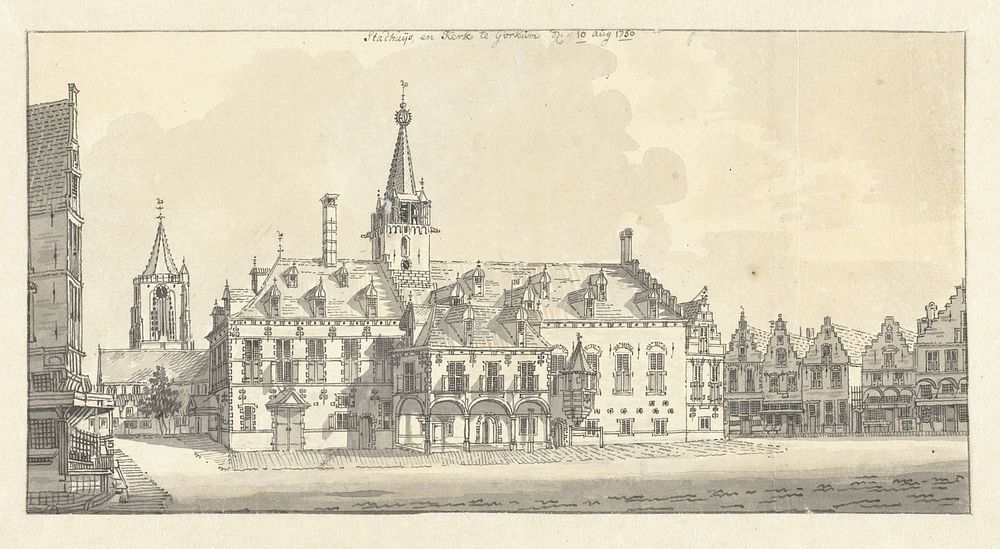 Stadhuis en kerk van Gorinchem (1750) by Jan de Beijer