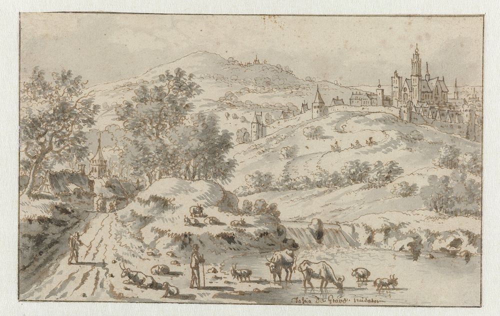 Mountainous Landscape with a Town on a Hill (in or after c. 1676) by Josua de Grave and Aert Schouman