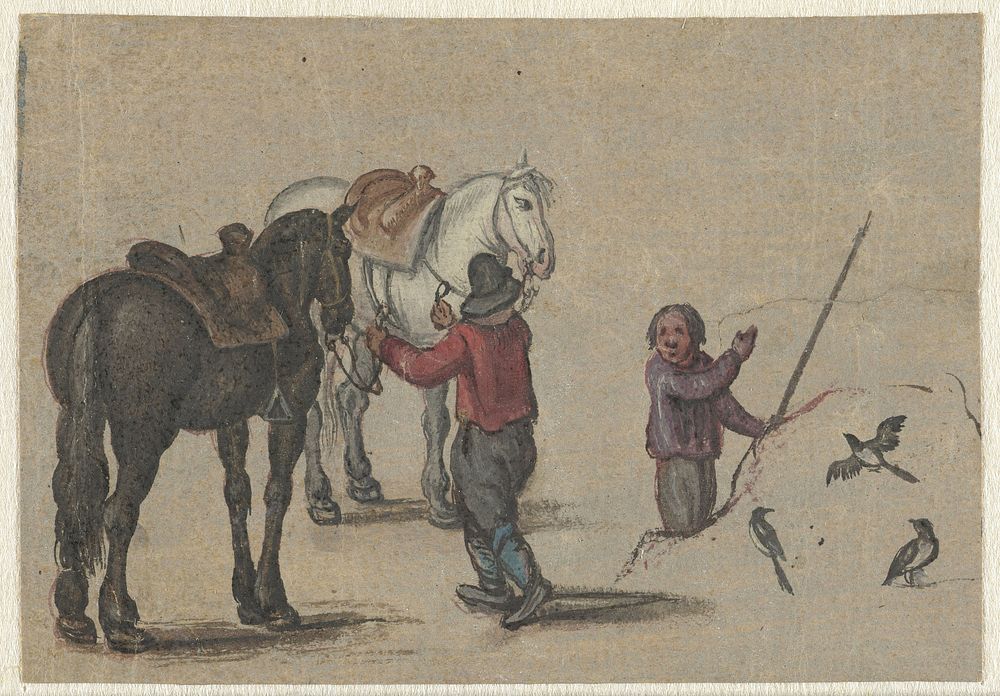 Man twee paarden vasthoudend en een man bij vogels (1600 - 1662) by Adriaen Pietersz van de Venne, Jan Brueghel I and Jan…