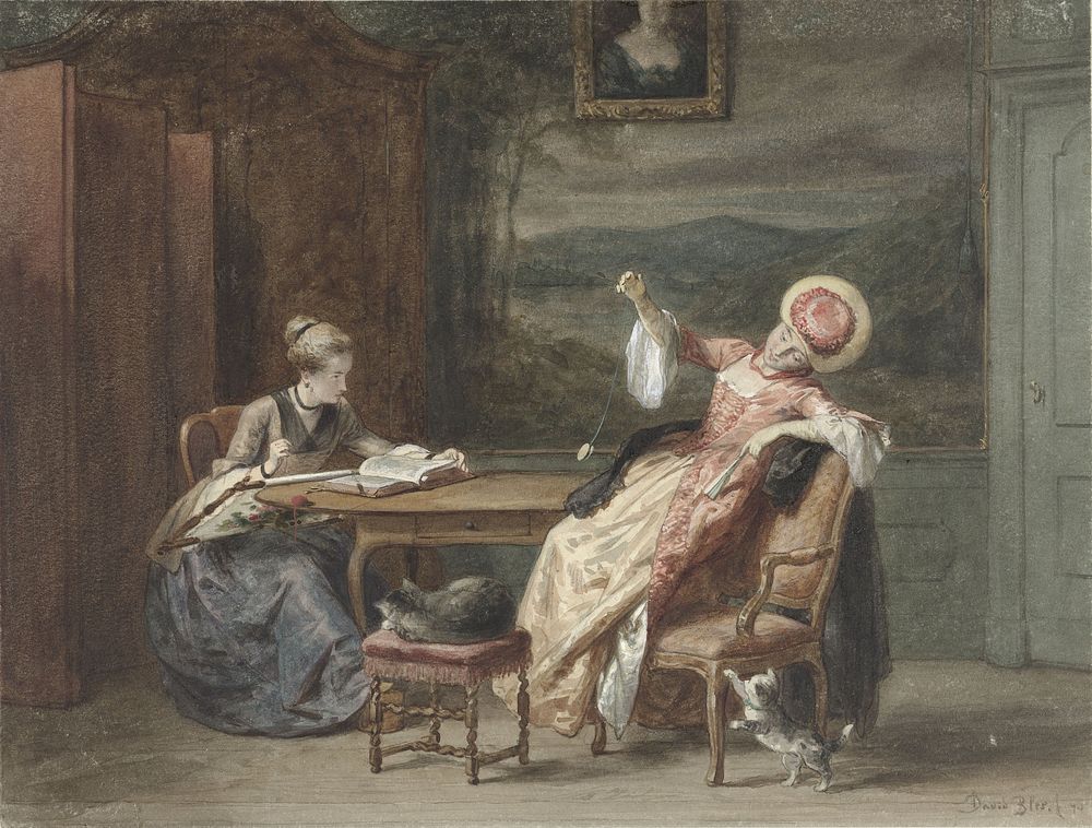 Twee jonge vrouwen aan een tafel (1870) by David Bles