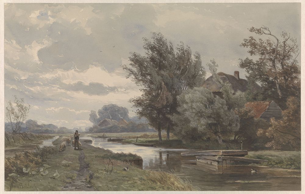 Herder met schapen bij boerderij aan water (1835 - 1892) by Jan Willem van Borselen
