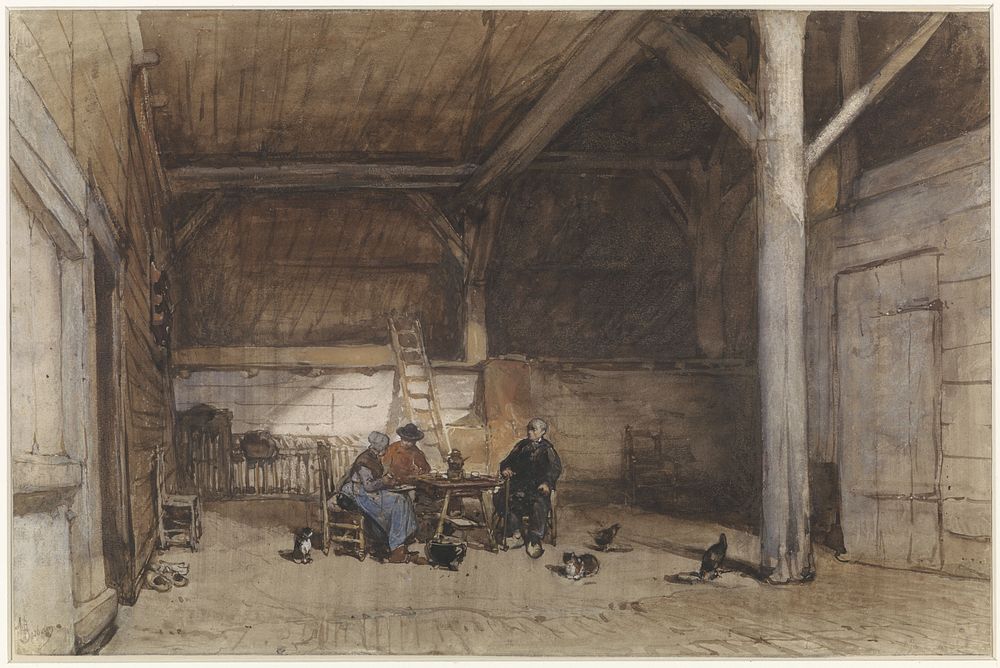 Boereninterieur met twee mannen en een vrouw aan een tafel, verder enkele kippen en katten (1827 - 1891) by Johannes Bosboom
