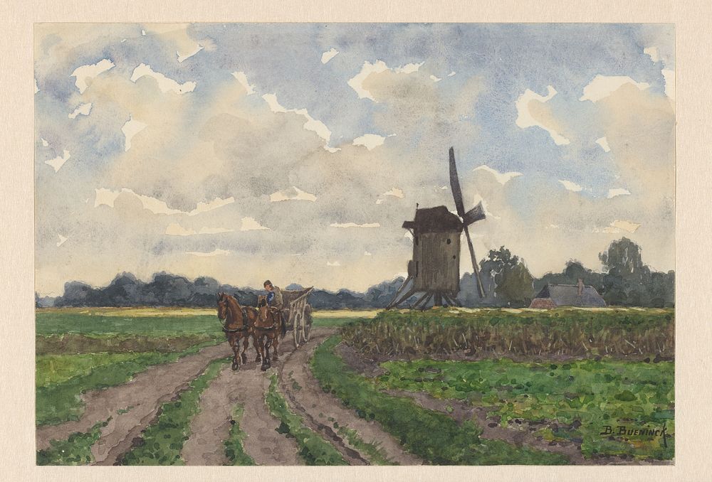 Landschap met molen en wagen te Vorden (1874 - 1892) by Bernardus Bueninck