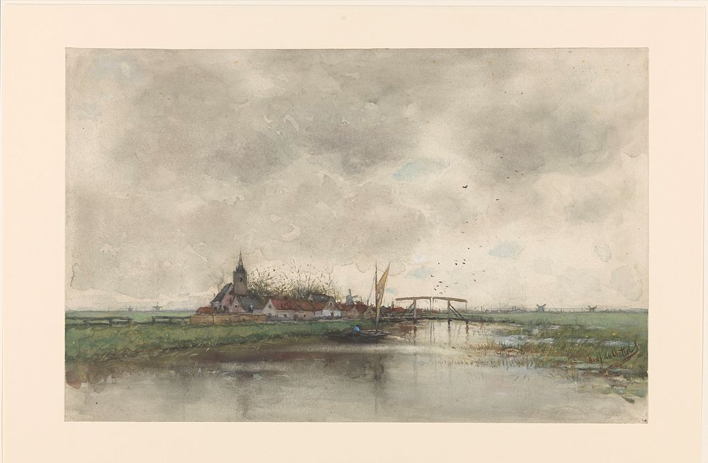 Rivierlandschap met gezicht op een dorp (1866 - 1892) by Fredericus Jacobus van Rossum du Chattel