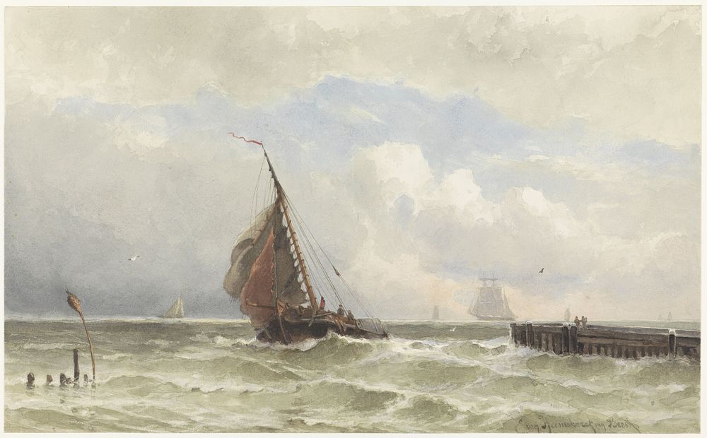 Haven van Vlissingen, met inkomende zeilschip (1838 - 1892) by jonkheer Jacob Eduard van Heemskerck van Beest