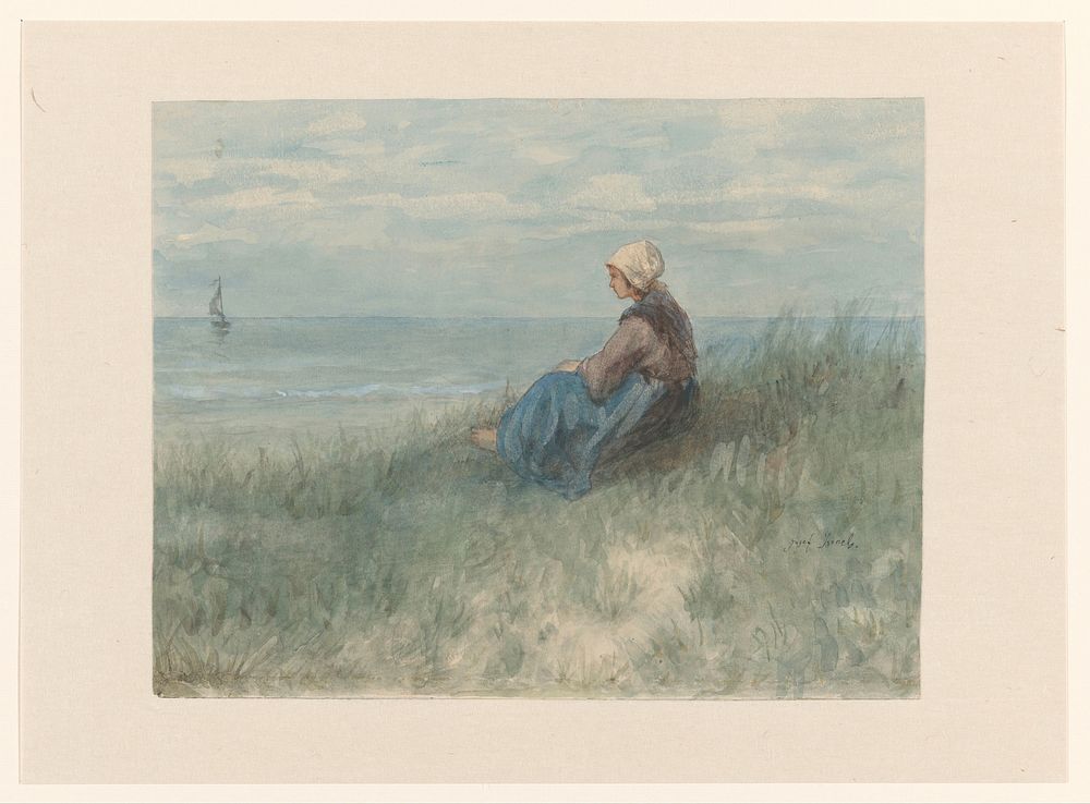 Een vrouw zit op een duin naar zee te kijken (1834 - 1892) by Jozef Israëls