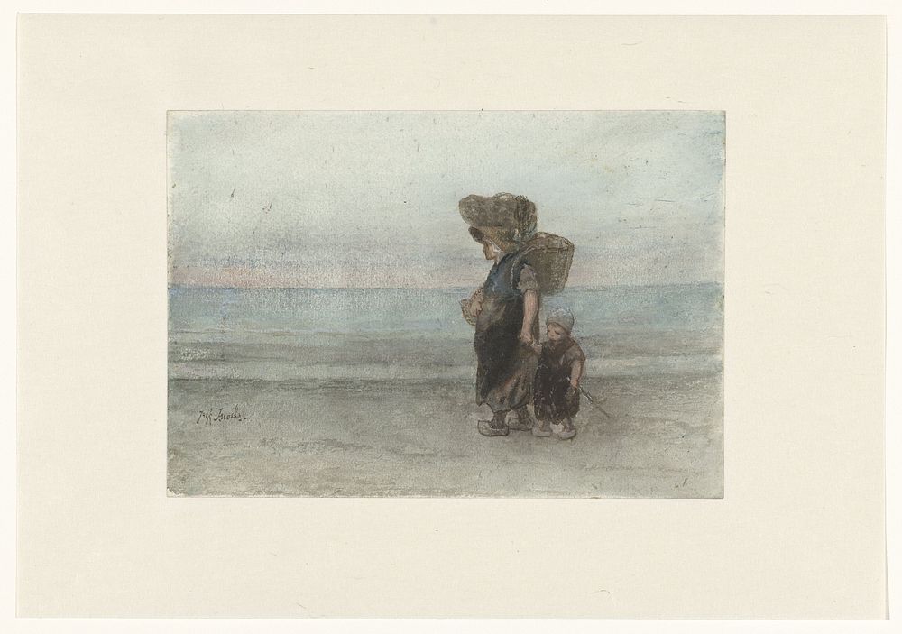 Vrouw met kind, lopend over het strand (1834 - 1892) by Jozef Israëls