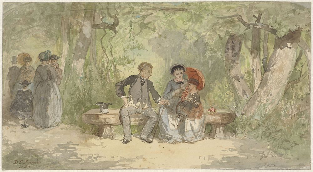 Man, vrouw en kind op een bank in het park (1863) by Diederik Franciscus Jamin