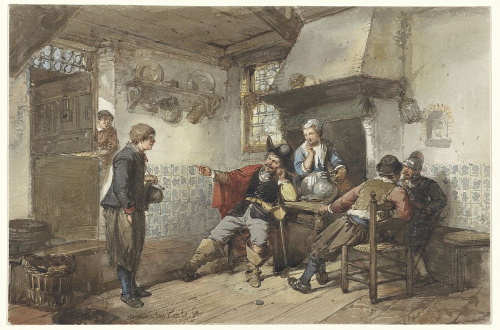 Enkele mannen en een soldaat in een herberg (1832 - 1891) by Herman Frederik Carel ten Kate