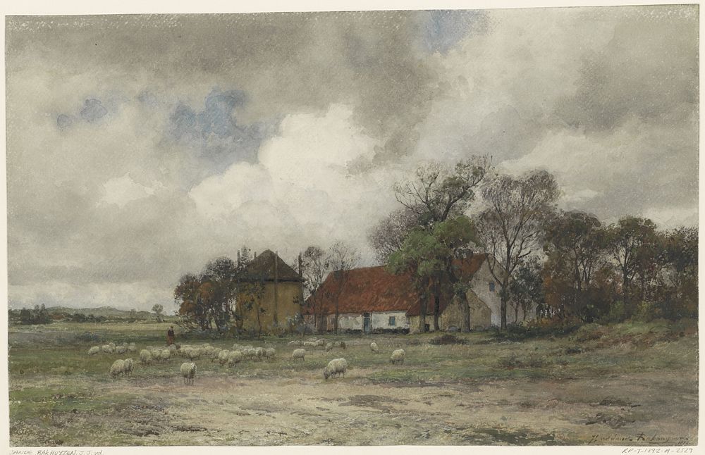 Landschap met boerderij en herder met schapen (1872) by Julius Jacobus van de Sande Bakhuyzen