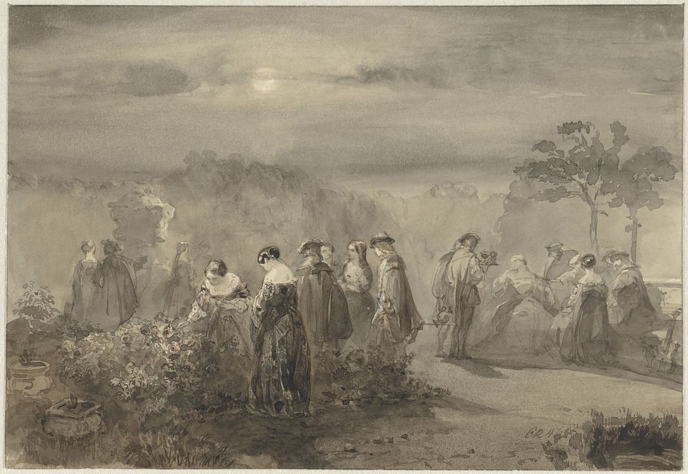 Gezelschap van dames en heren in een door de maan beschenen hof met rozenstruiken (1847) by Charles Rochussen