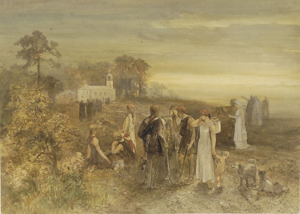 Monniken begeven zich naar een kerk, gadegeslagen door een groep Germanen (1871) by Charles Rochussen