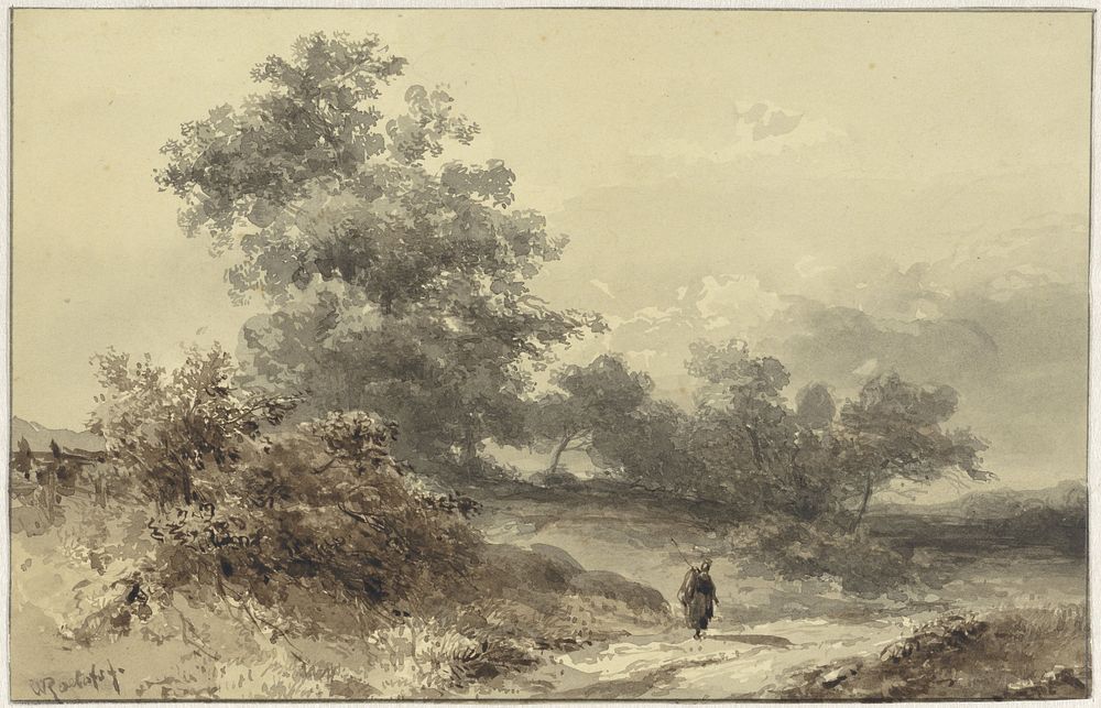 Landschap met bossage en een figuur op een landweg (1832 - 1892) by Willem Roelofs I