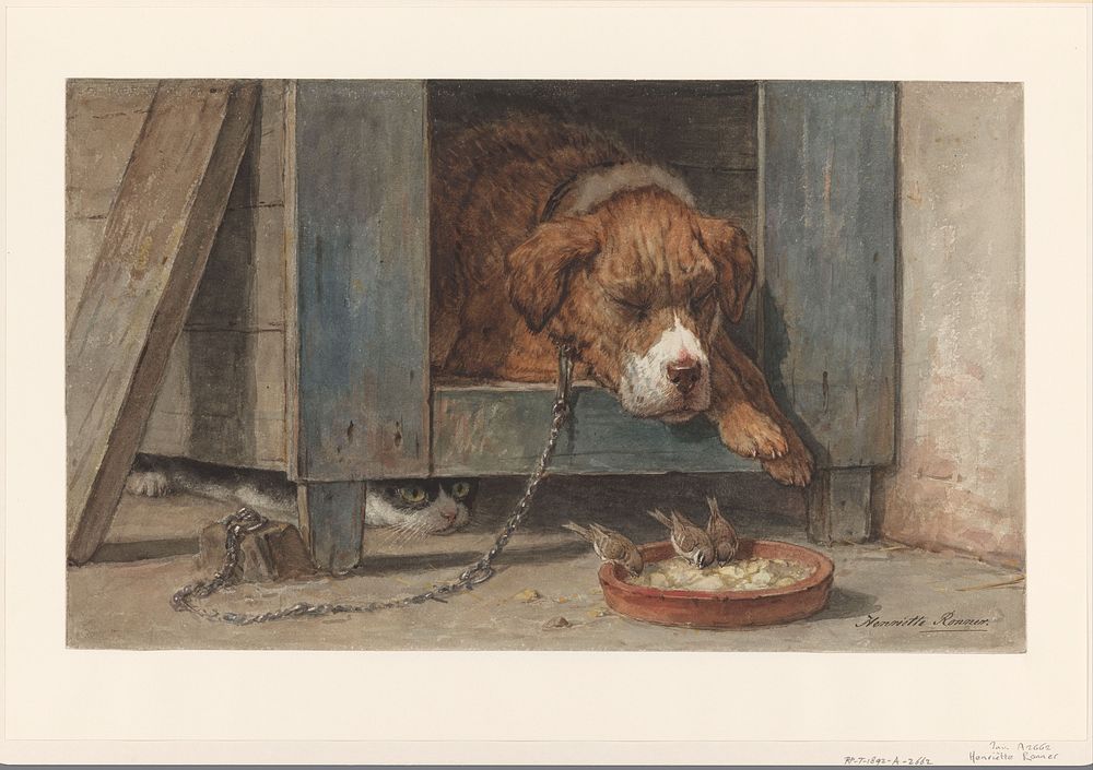 Kat bespiedt vogels bij een slapende hond (1831 - 1892) by Henriëtte Ronner