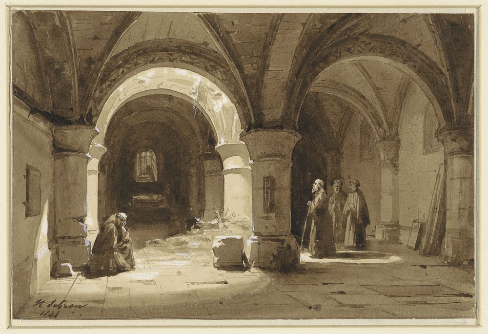 Kloostergewelven met monniken (1844) by Hippolyte Victor Valentin Sebron