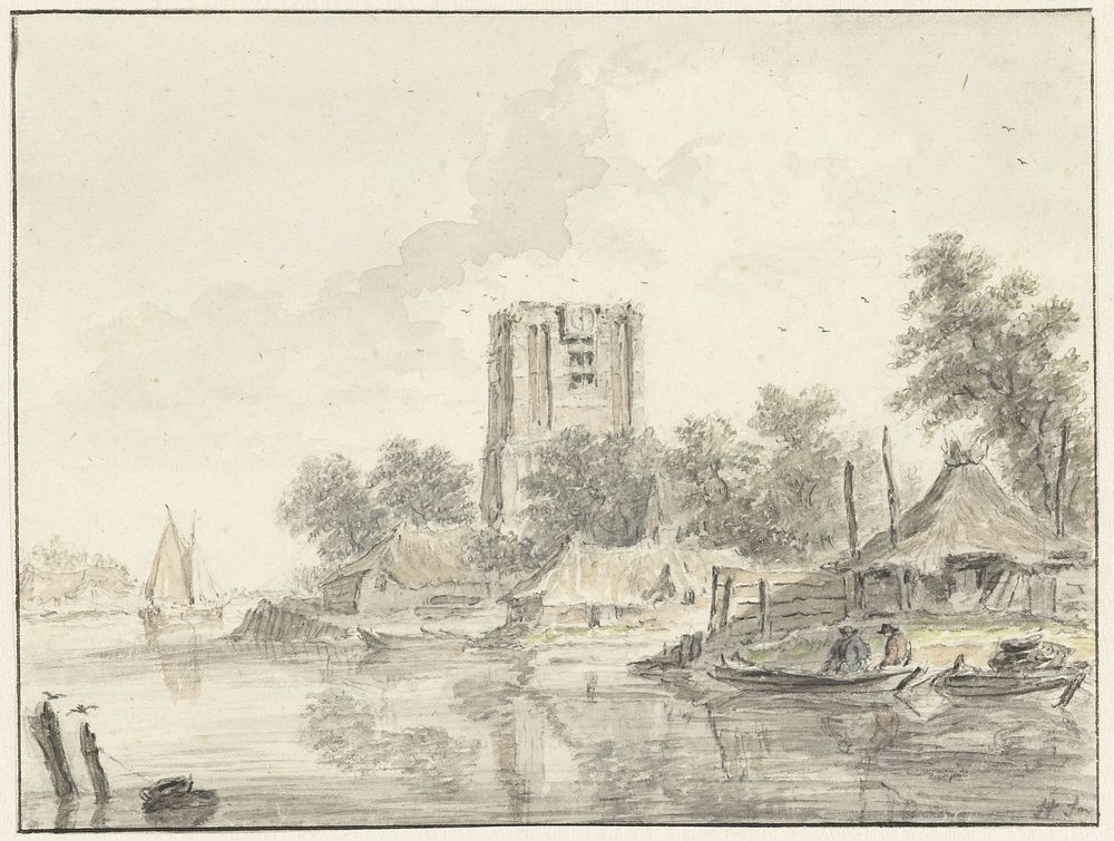 Rivierlandschap met een grote stompe kerktoren (1733 - 1784) by Hendrik Spilman