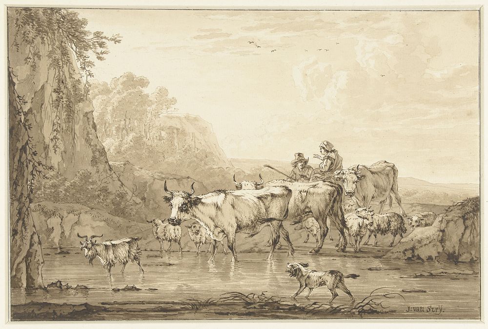 Herder en herderin met runderen en schapen bij een poel (1766 - 1815) by Jacob van Strij