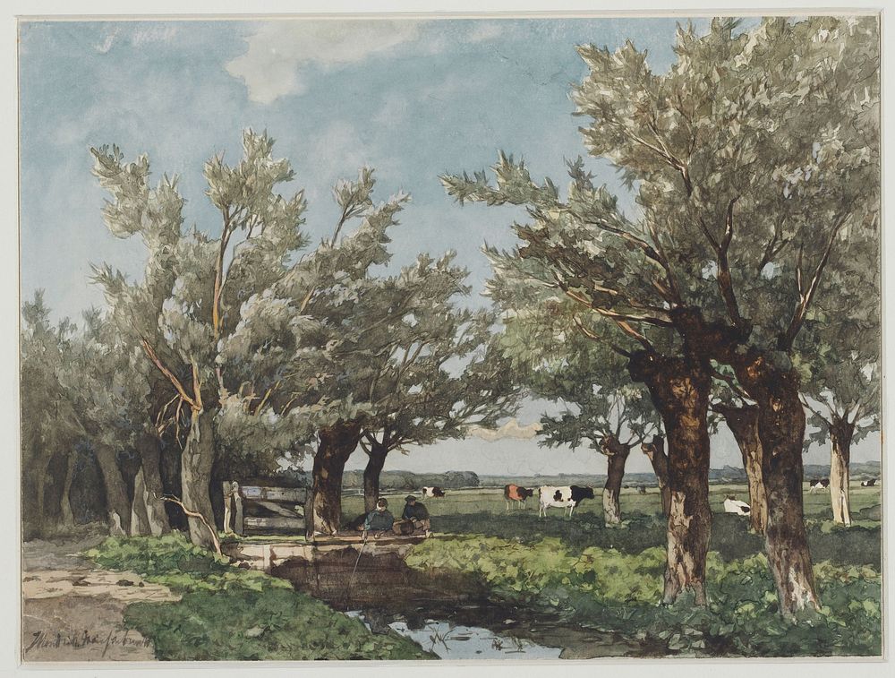 Landschap met een sloot waar twee jongens vissen (1834 - 1892) by Johan Hendrik Weissenbruch