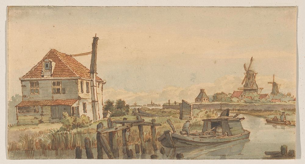 Vaart met een boot, een huis en twee molens (1801 - 1873) by George Pieter Westenberg