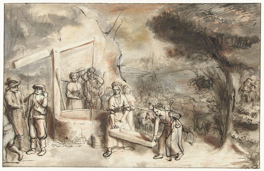 Mozes en Rehuël's dochters bij de put (1648 - 1649) by Constantijn à Renesse and Samuel van Hoogstraten