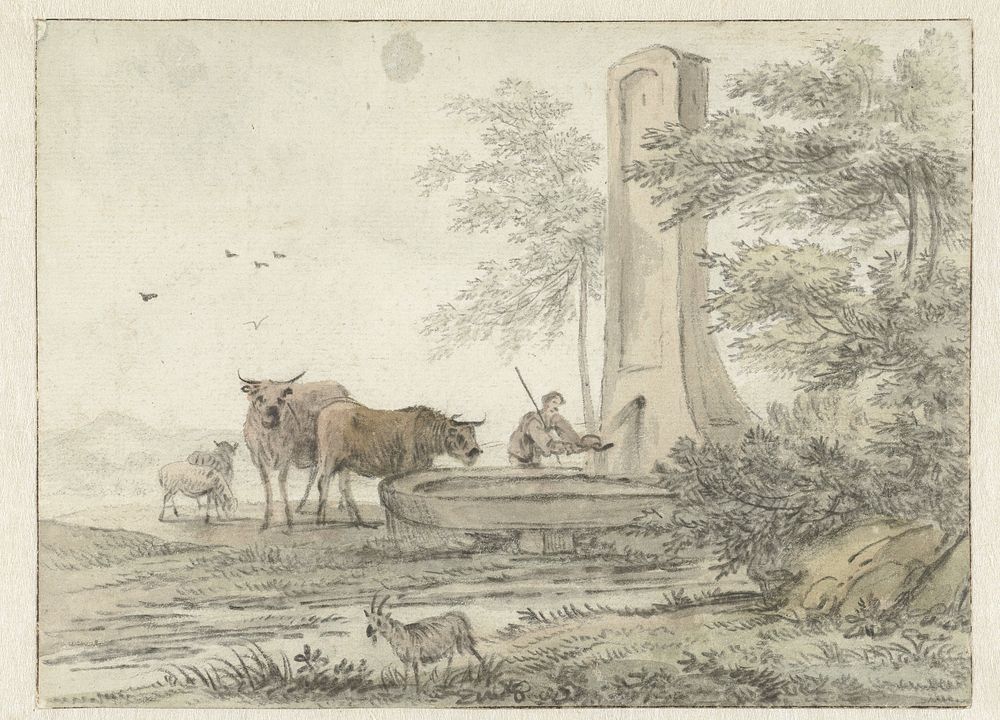 Italianate Landscape with Herder and his Cattle and Sheep at a Fountain (1685 - c. 1689) by Hendrik van der Straaten and Jan…