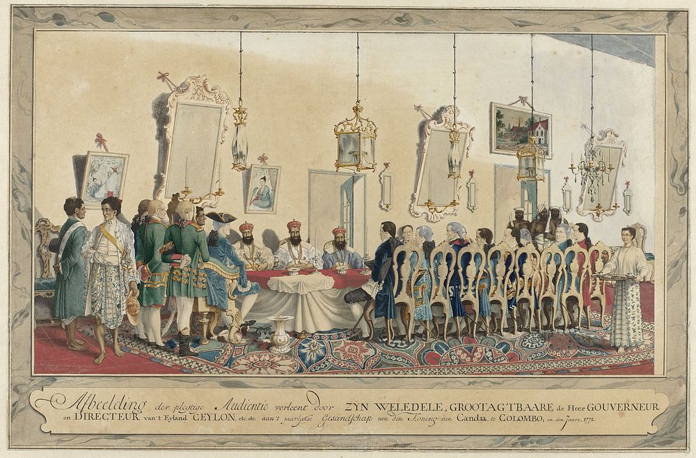 Ontvangst van de gezanten van de koning van Kandy door gouverneur Imam Falck (1772) by Carel Frederik Reimer