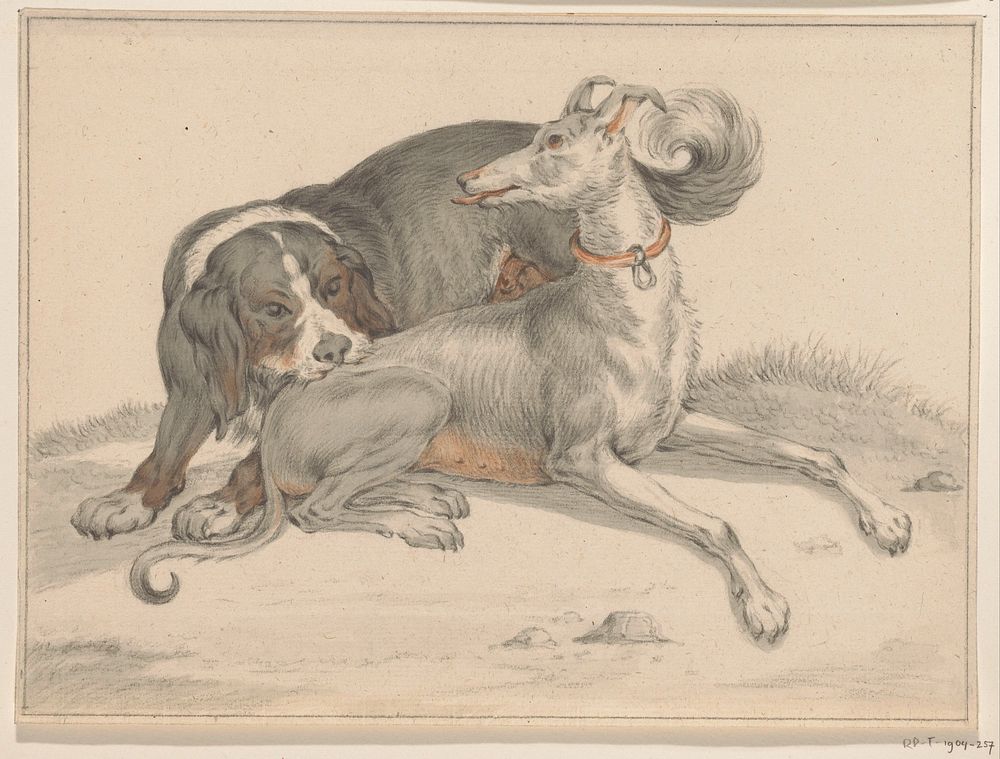 Een hond bijt een andere zittende hond in de rug (1775 - 1833) by Jean Bernard
