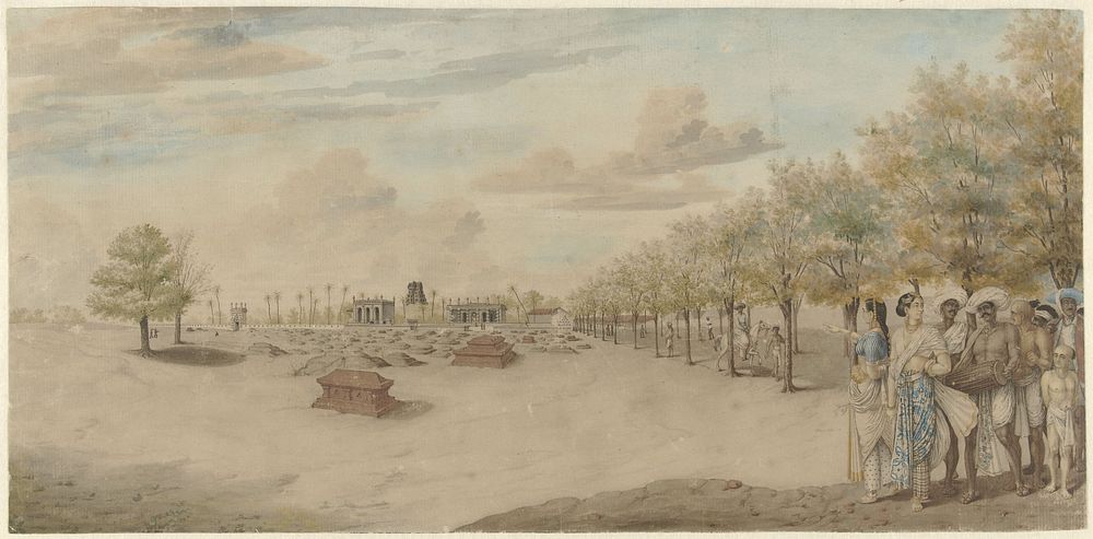 Begraafplaats met begrafenisstoet in India (1773 - 1775) by Carel Frederik Reimer