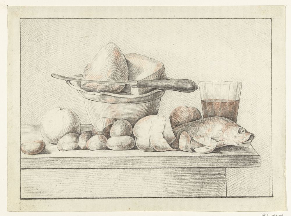 Stilleven met brood, kaas, vis, fruit en een glas wijn (1775 - 1833) by Jean Bernard