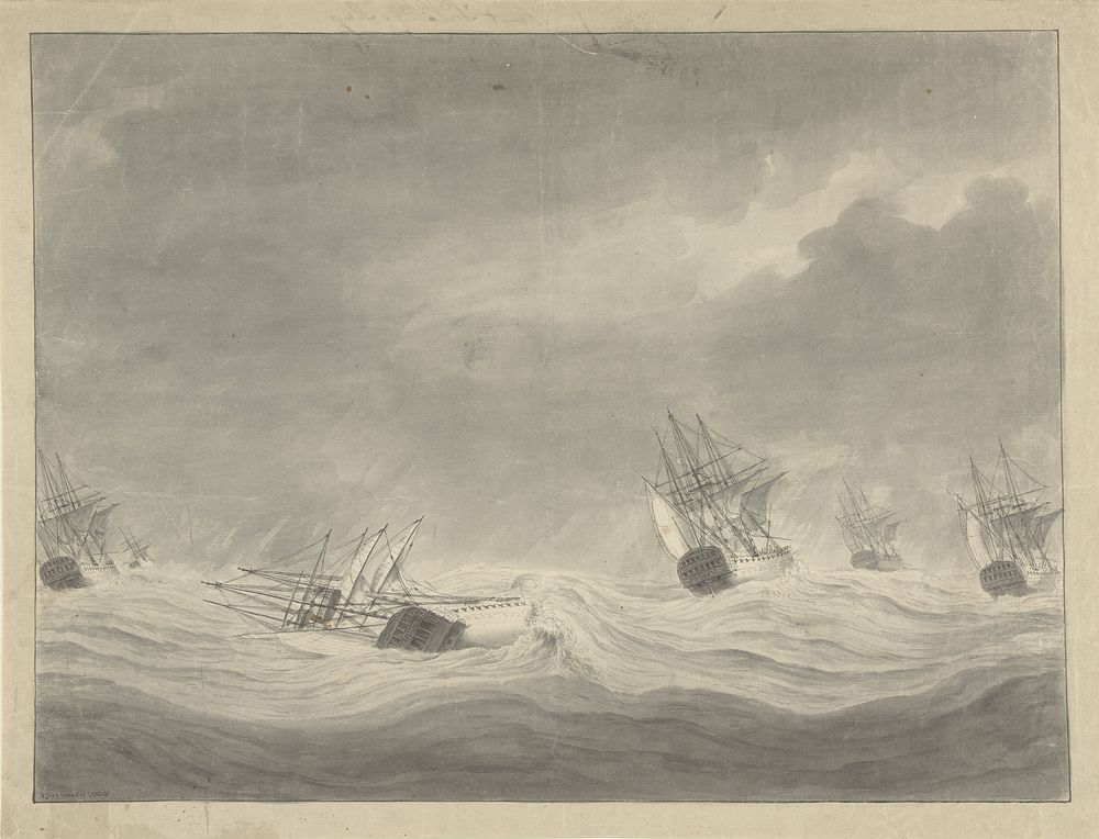 Het vergaan van het schip De Unie onder kapitein Graaf van Welderen op de Noordzee, 19 oktober 1782 (1782 - 1784) by Ary van…
