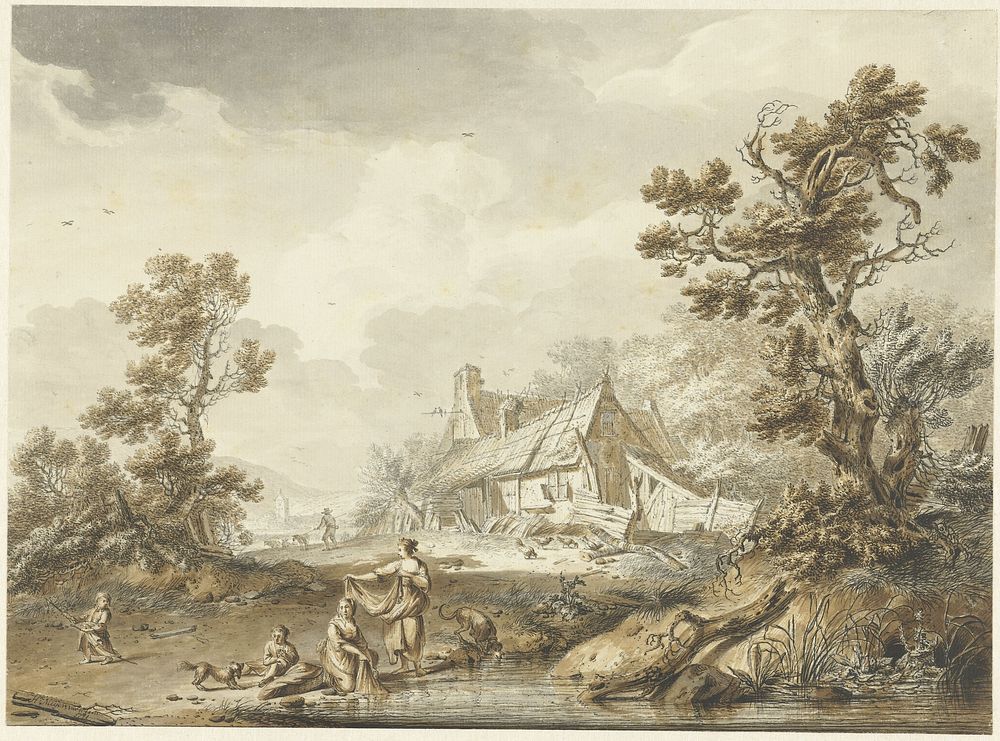 Boerderij met op de voorgrond wassende vrouwen (1771) by Hendrik Meijer