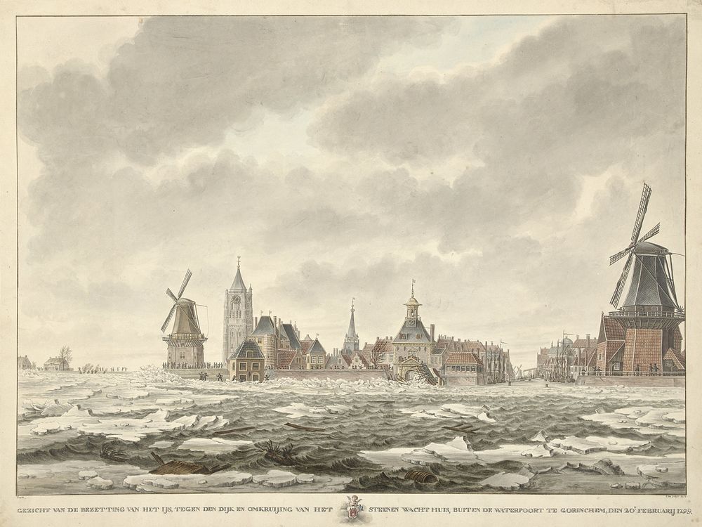 Gezicht van de bezetting van het ijs buiten de Waterpoort te Gorinchem, den 20.n Februarij 1799 (1807) by Cornelis de Jonker