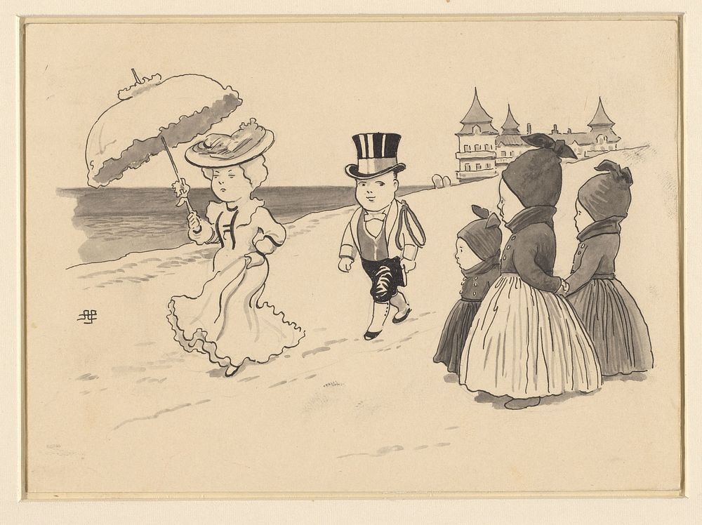 Dame gevolgd door een liverijknecht, drie kindertjes staan er naar te kijken (1868 - 1907) by Alfred Michael Roedstad Schmidt