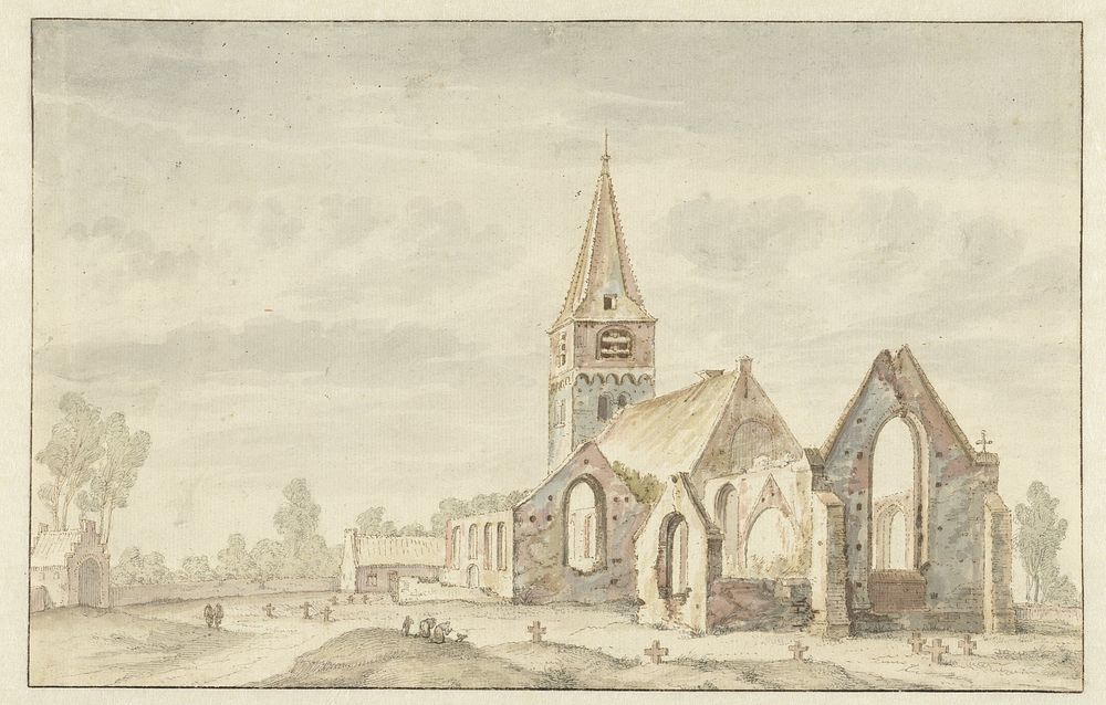 Kerk naast de ruïnes van een oude kerk te Velsen (1600 - 1800) by anonymous and Pieter Jansz Saenredam