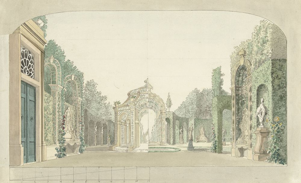 Ontwerp voor een toneeldecor met een tuin (c. 1727 - c. 1780) by Pieter Barbiers I
