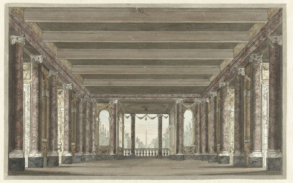 Ontwerp voor een toneeldecor van een zuilengalerij met loggia (1779) by Pieter Barbiers I