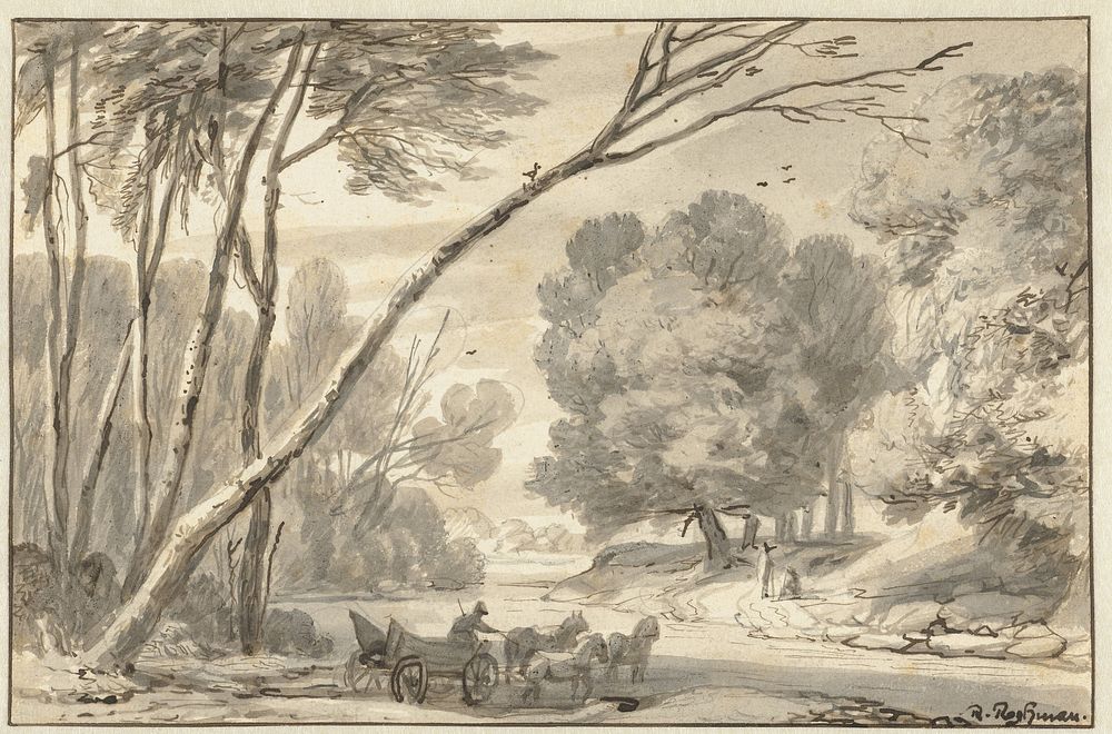 Wooded Landscape with a Cart and Horses Crossing a Ford (c. 1660 - c. 1670) by Roelant Roghman