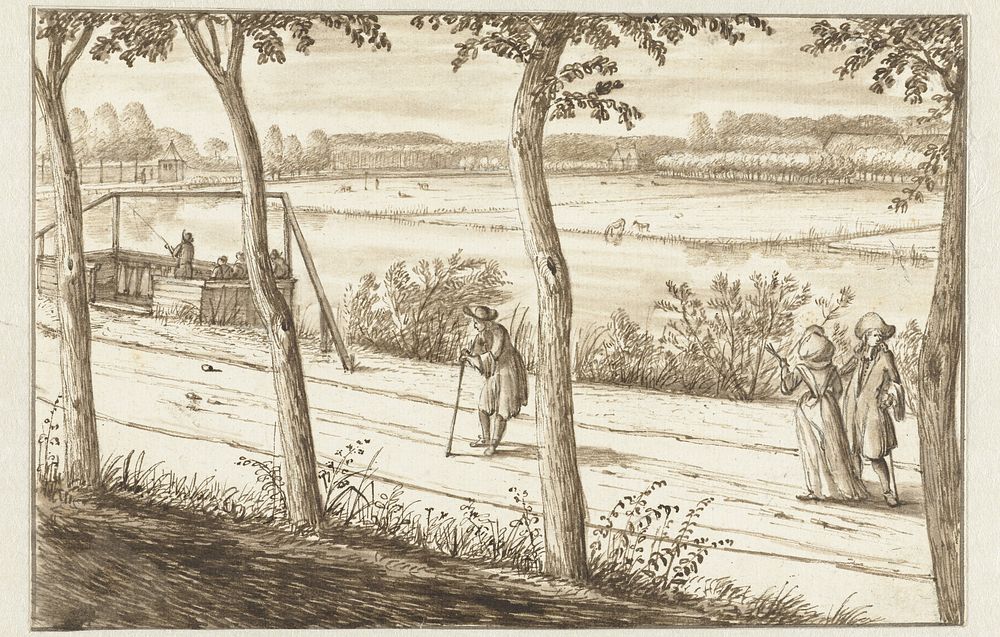 View along the River Vecht, near Maarssen, with a Docking Station, Three Figures in the Foreground and the Country Estate of…