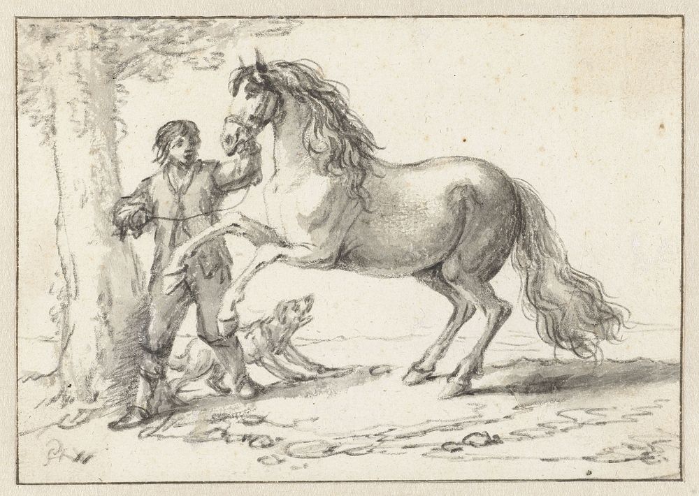 Young Man Holding a Rearing Horse by its Bridle, Frightened by a Barking Dog (before c. 1646) by Philips Wouwerman