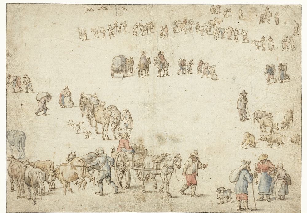 Studieblad met boerenwagens, vee, landlieden en ruiters (1578) by anonymous and Jan Brueghel I