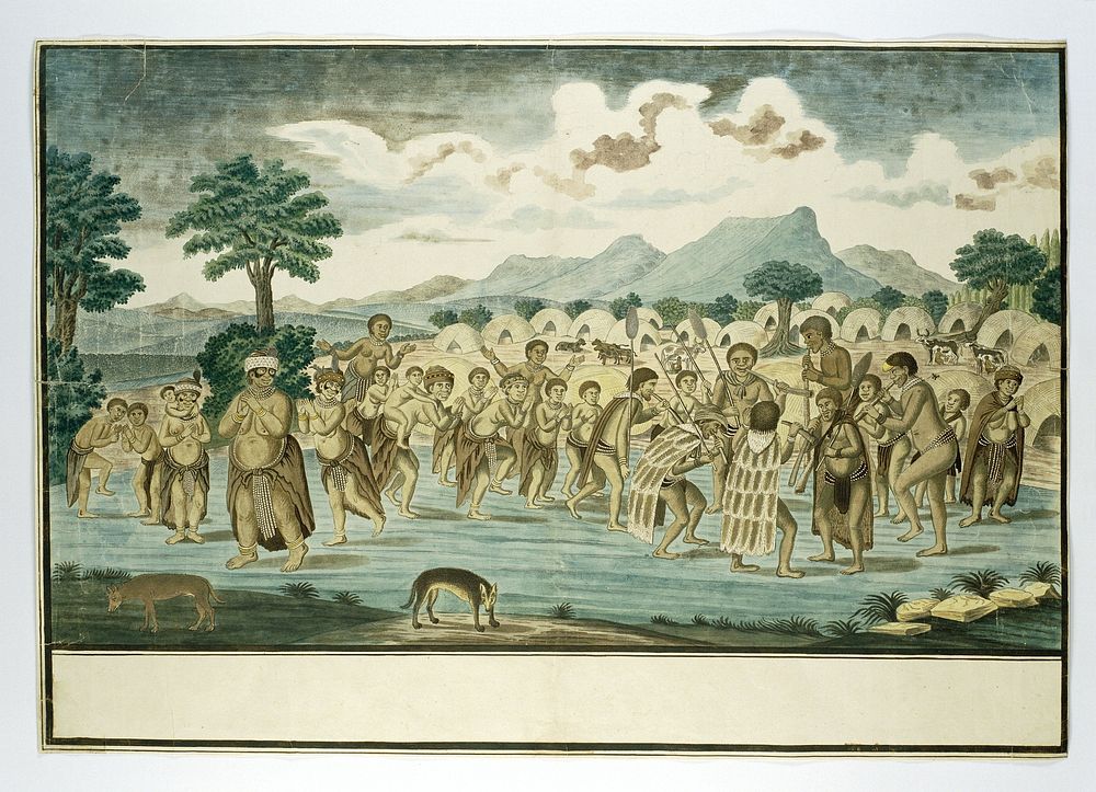 A Khoikhoi kraal with dancers and musicians (c. 1779) by Robert Jacob Gordon