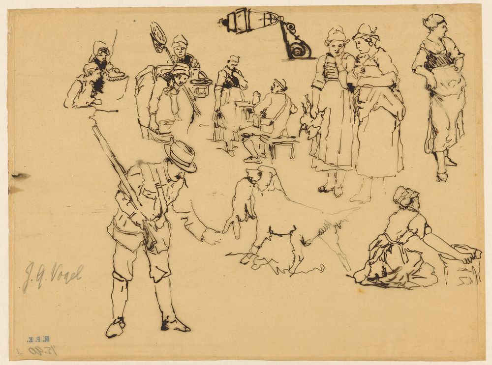 Studieblad met jager, jachthond en vrouwen (1838 - 1915) by Johannes Gijsbert Vogel