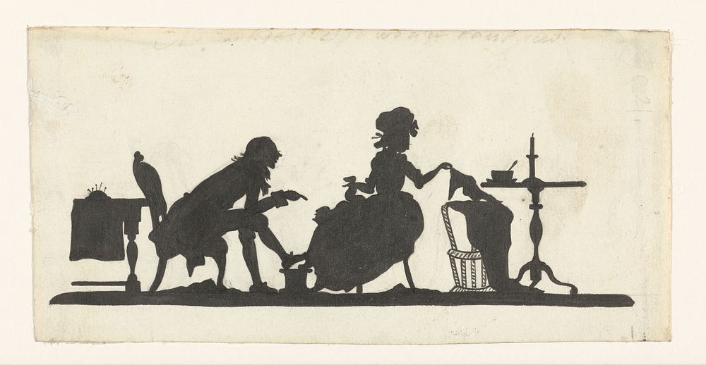 Ontwerp voor In Holland staat een Huis: silhouet van een echtpaar met kind in wieg (1884 - 1917) by Nelly Bodenheim